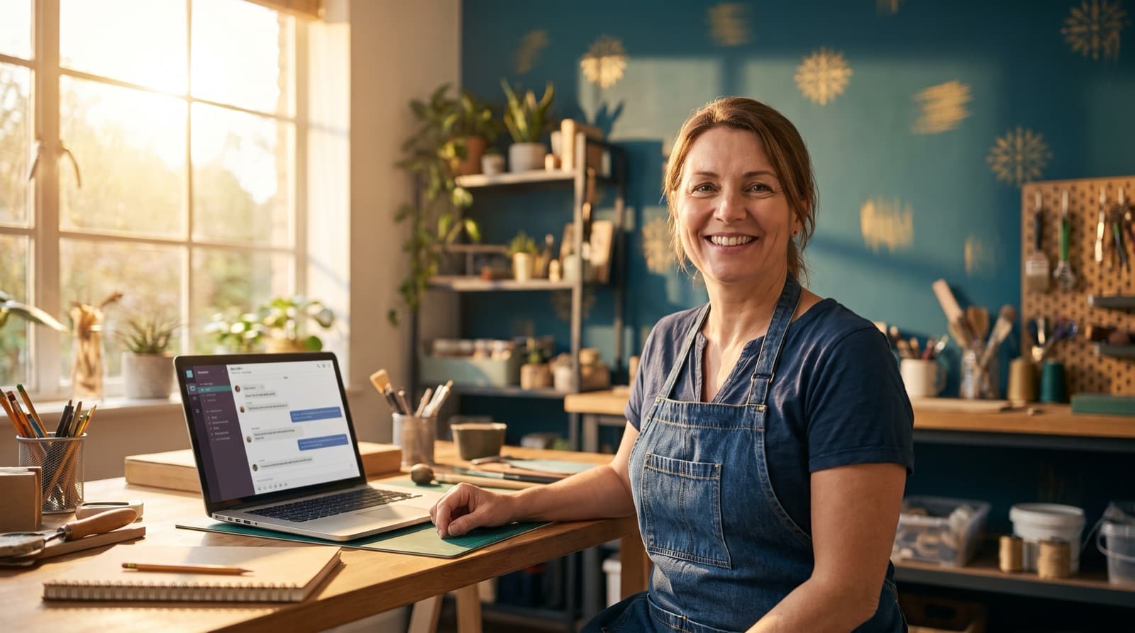 A small business owner working with an AI chat assistant on a laptop in a bright workshop