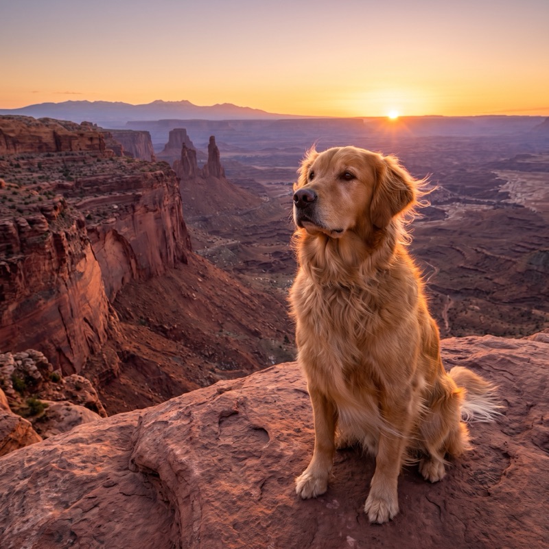 a golden retriever sitting on red rock cliffs at sunset, rendered in hyper realistic style
